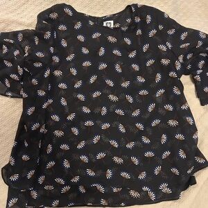 Anne Klein Black Floral-Print Blouse with Blue and Tan Accents